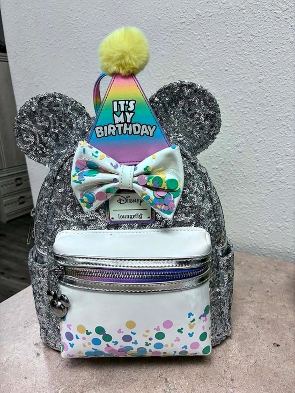 Disney Birthday Celebration Mini Backpack in Silver & White